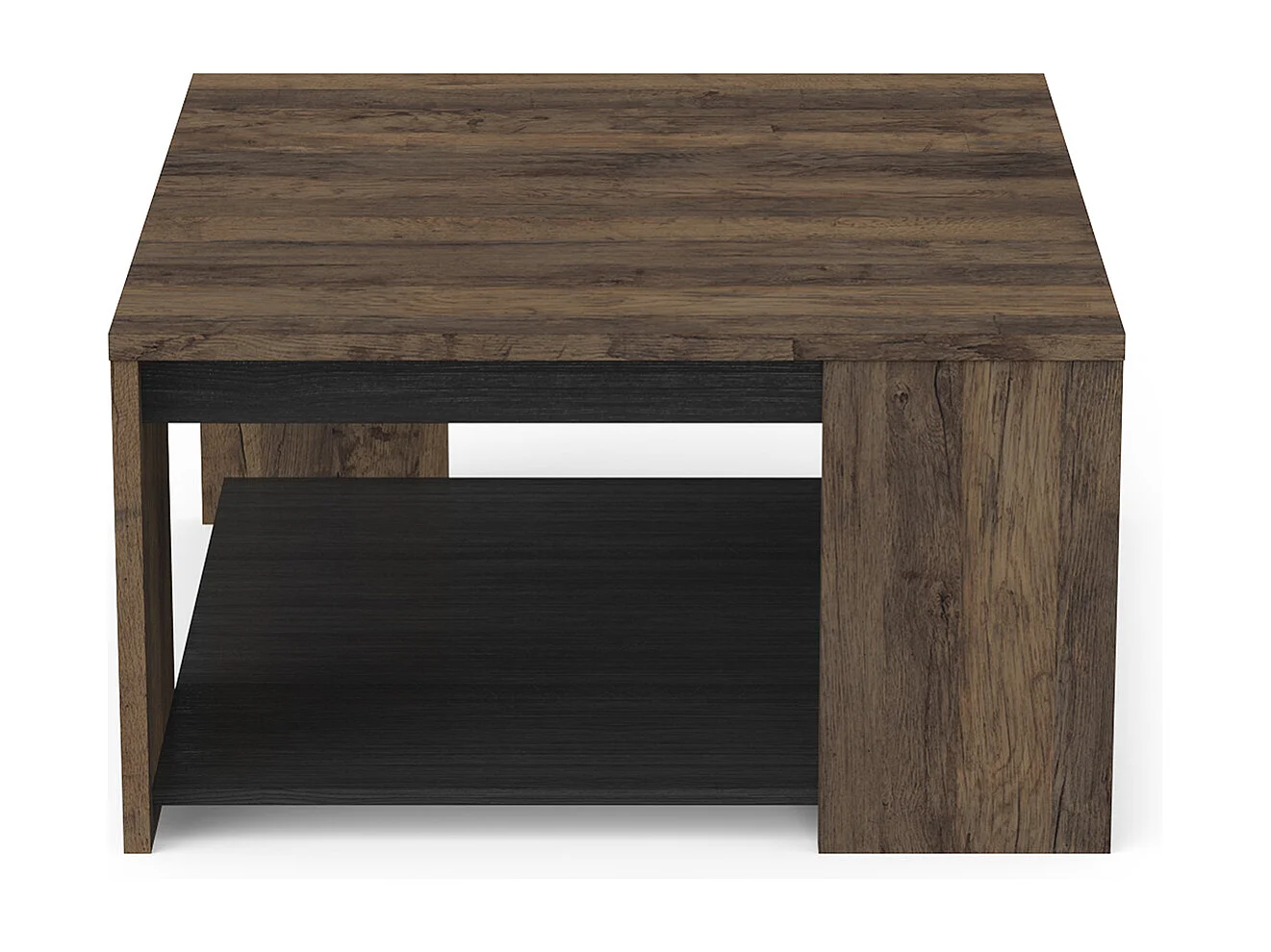 Table basse carrée avec étagère couleur chêne foncé / noir - Largeur 80 x Profondeur 80 x Hauteur 44,2 cm