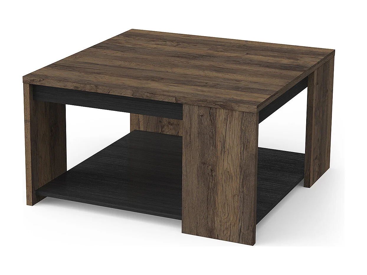 Table basse carrée avec étagère couleur chêne foncé / noir - Largeur 80 x Profondeur 80 x Hauteur 44,2 cm