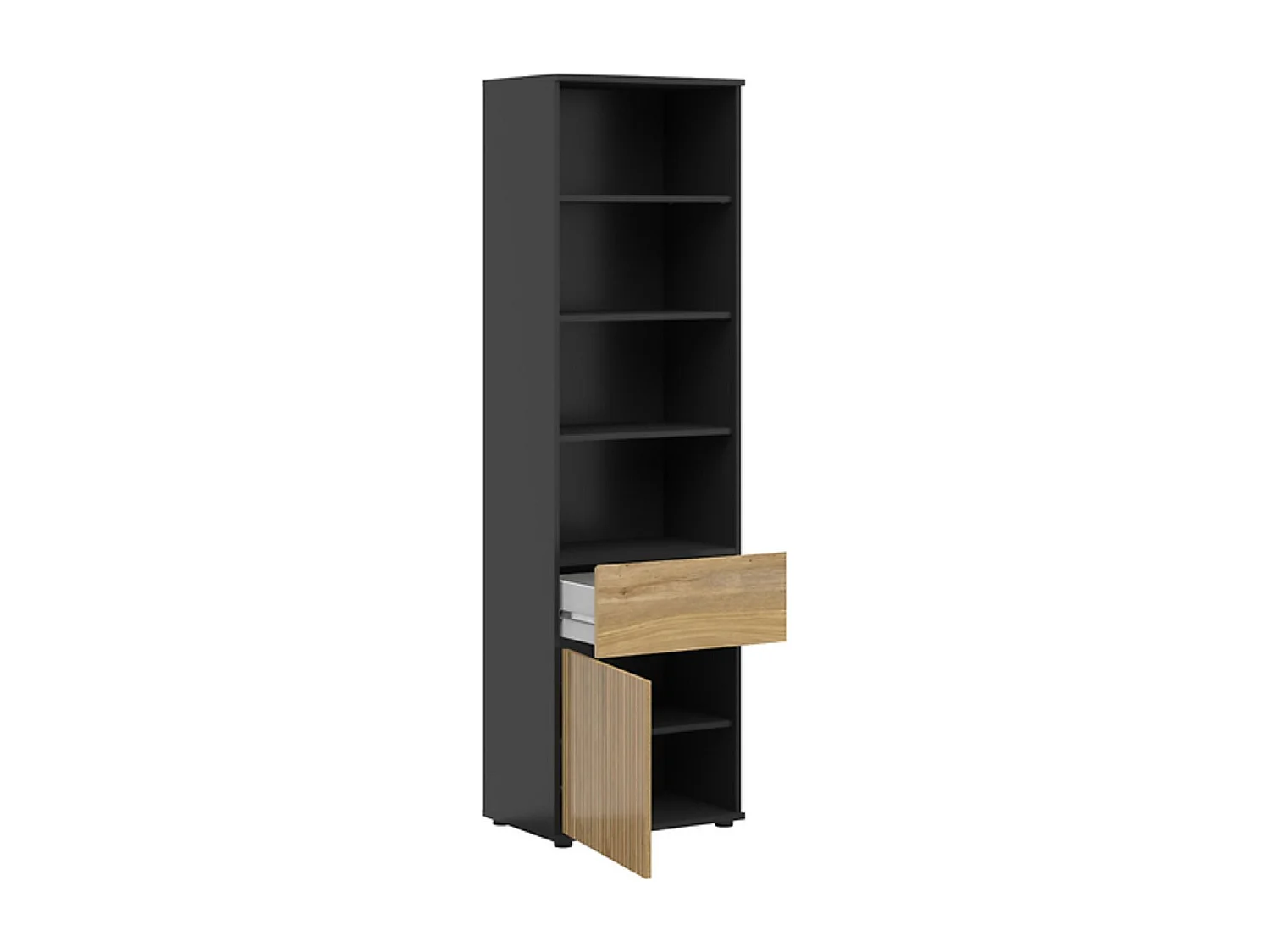Bibliothèque avec 1 portes et 1 tiroir,coloris Chêne/Noir - Longueur 57 x Profondeur 39,5 x Hauteur 196 cm