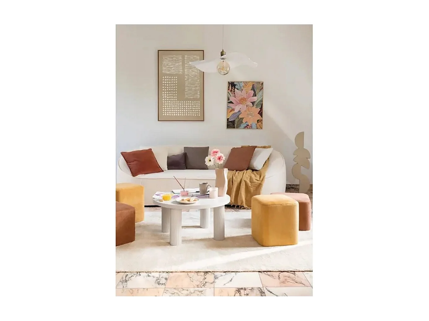 Table basse ronde avec 3 pieds effet cannelé, coloris Ivoire - Diamètre 70 x Hauteur 35 cm