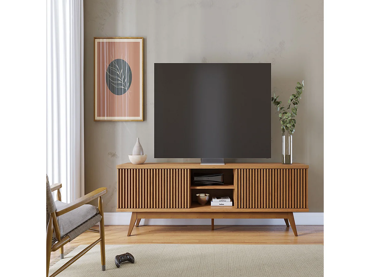 Meuble TV bas avec portes à panneaux décoratifs coloris chêne - Longueur 218 x Hauteur 58 x Profondeur 40 cm