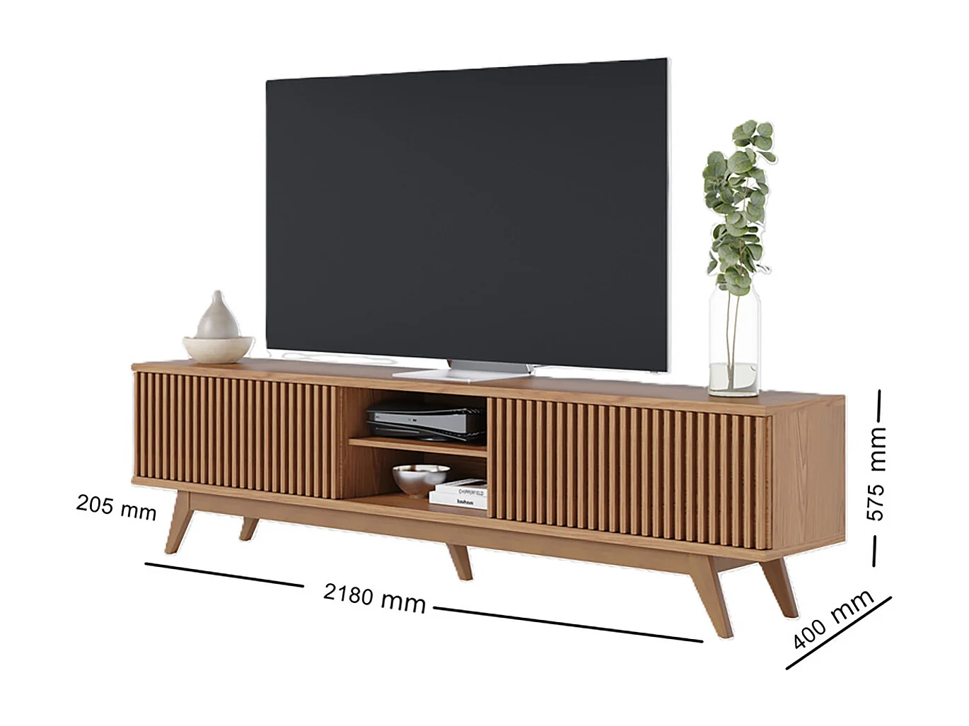 Meuble TV bas avec portes à panneaux décoratifs coloris chêne - Longueur 218 x Hauteur 58 x Profondeur 40 cm