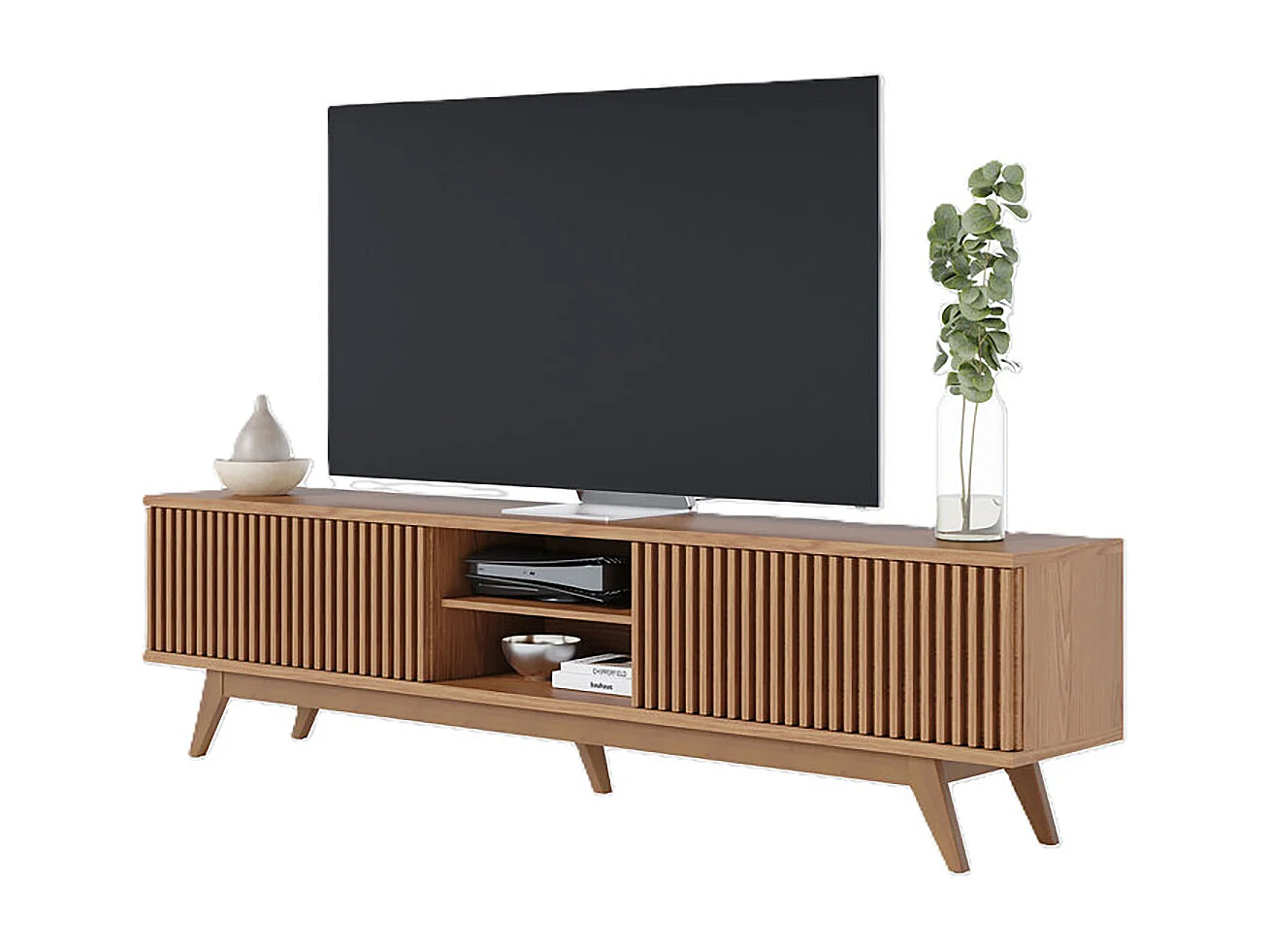 Meuble TV bas avec portes à panneaux décoratifs coloris chêne - Longueur 218 x Hauteur 58 x Profondeur 40 cm