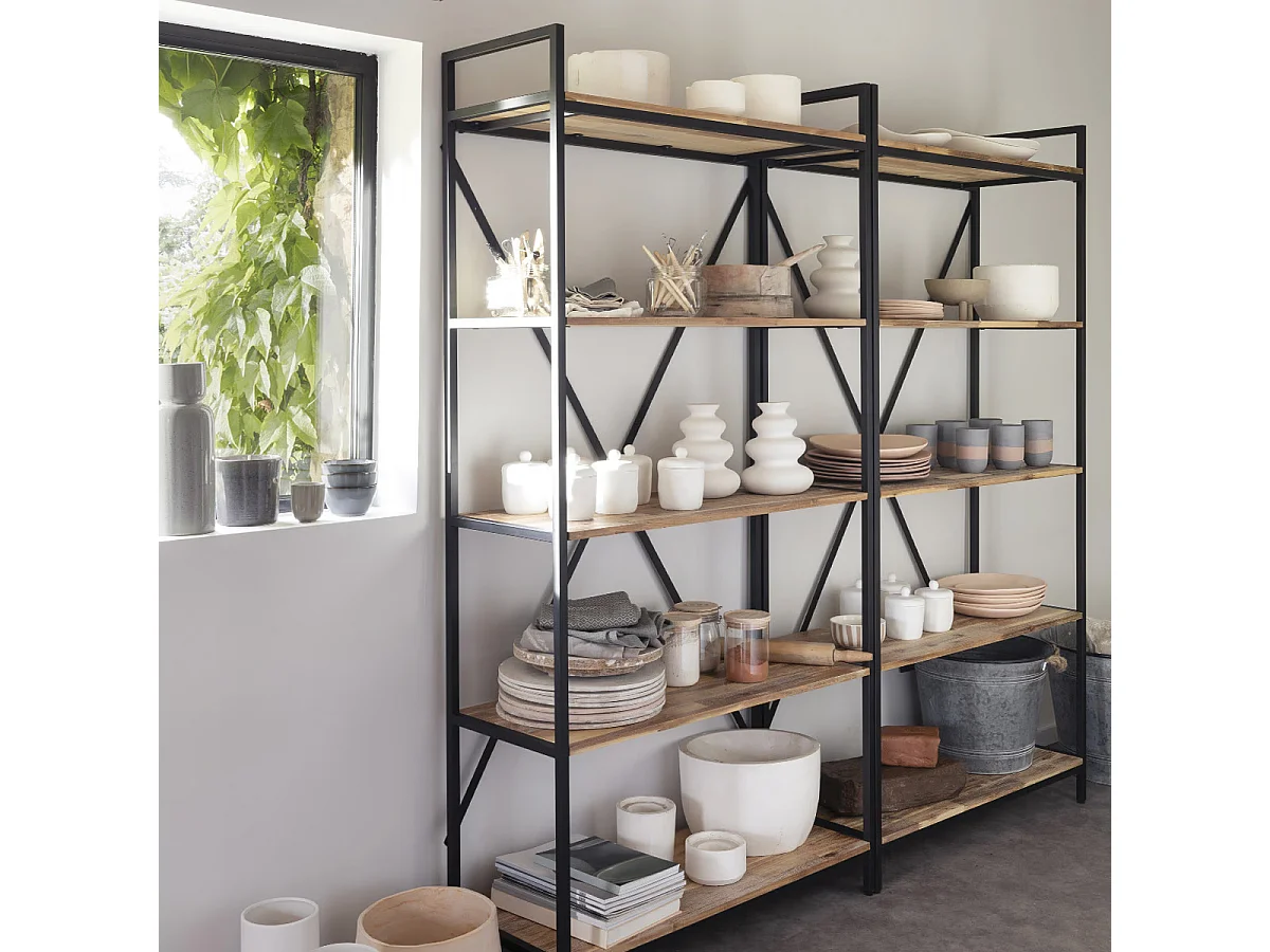 Bibliothèque Etagère 5 niveaux coloris bois et métal noir - Longueur 90 x Hauteur 180 x profondeur 35 cm