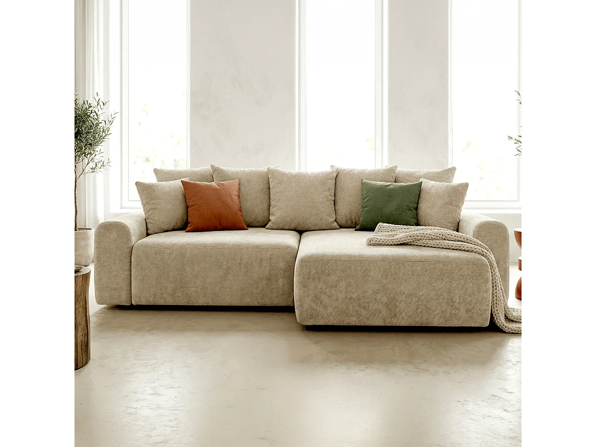 Canapé d'angle convertible réversible 4 places avec coffre de rangement en tissu chenille beige - Monceau