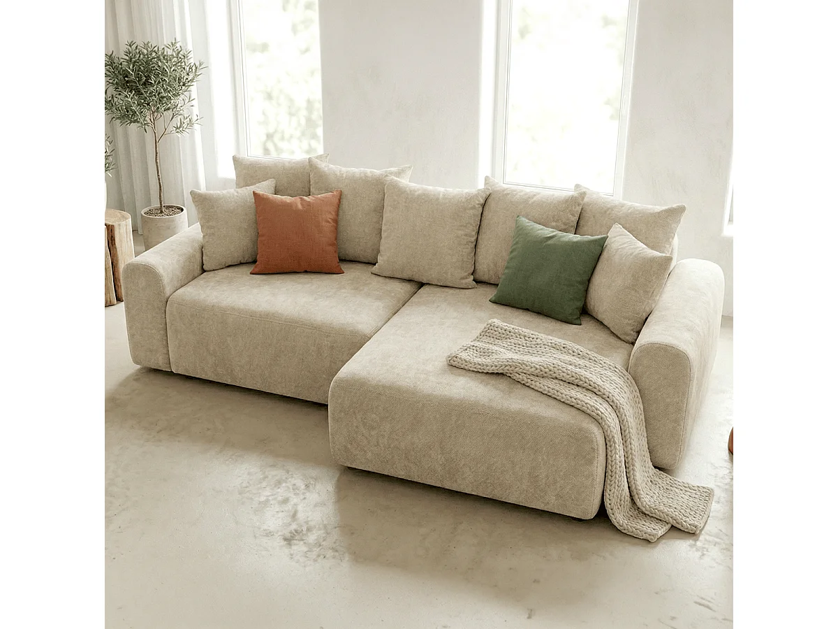 Canapé d'angle convertible réversible 4 places avec coffre de rangement en tissu chenille beige - Monceau