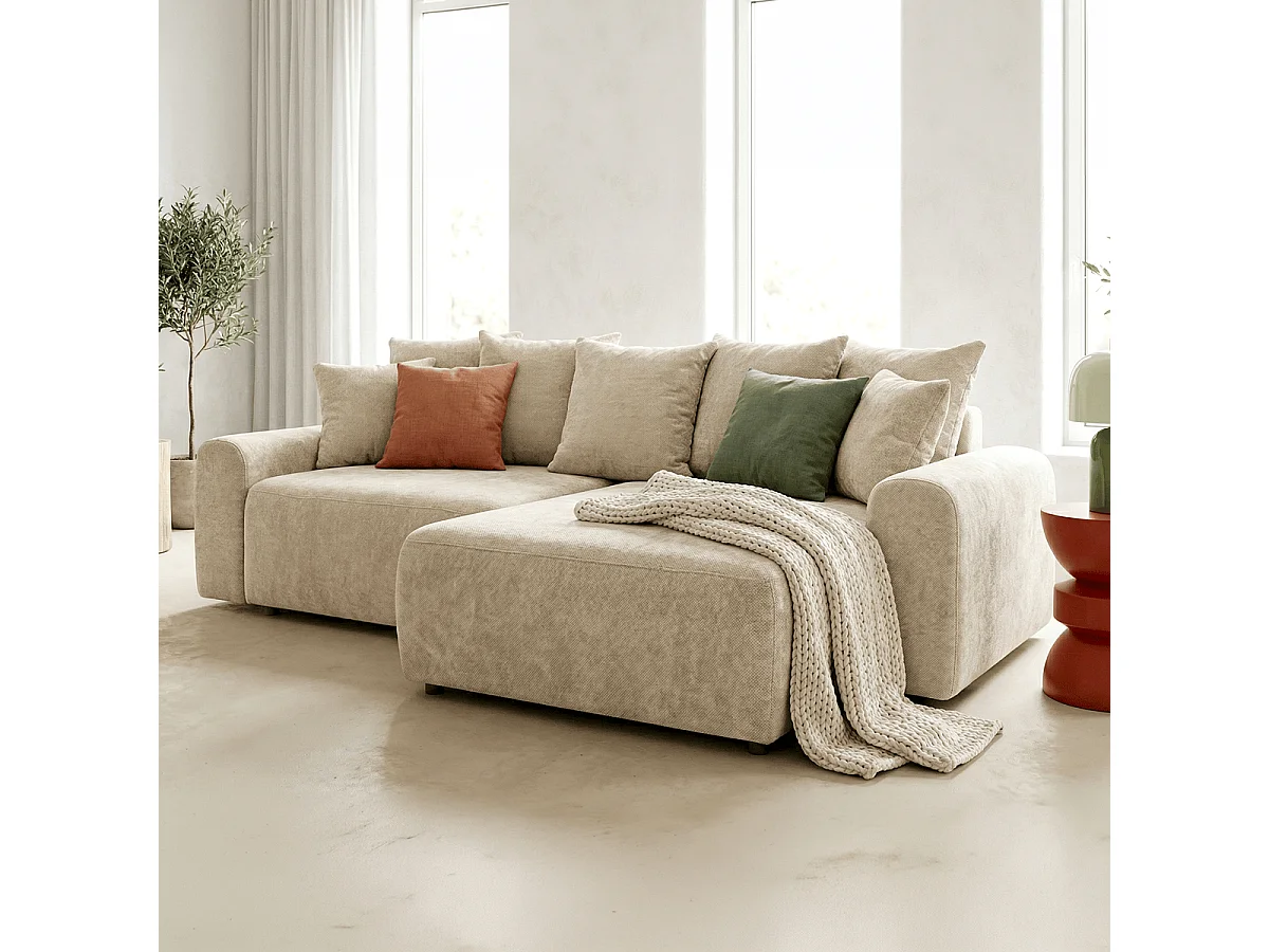 Canapé d'angle convertible réversible 4 places avec coffre de rangement en tissu chenille beige - Monceau