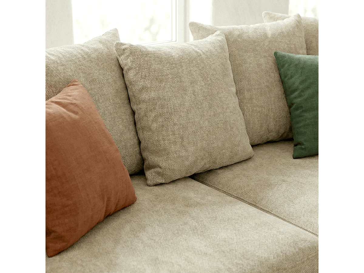 Canapé d'angle convertible réversible 4 places avec coffre de rangement en tissu chenille beige - Monceau