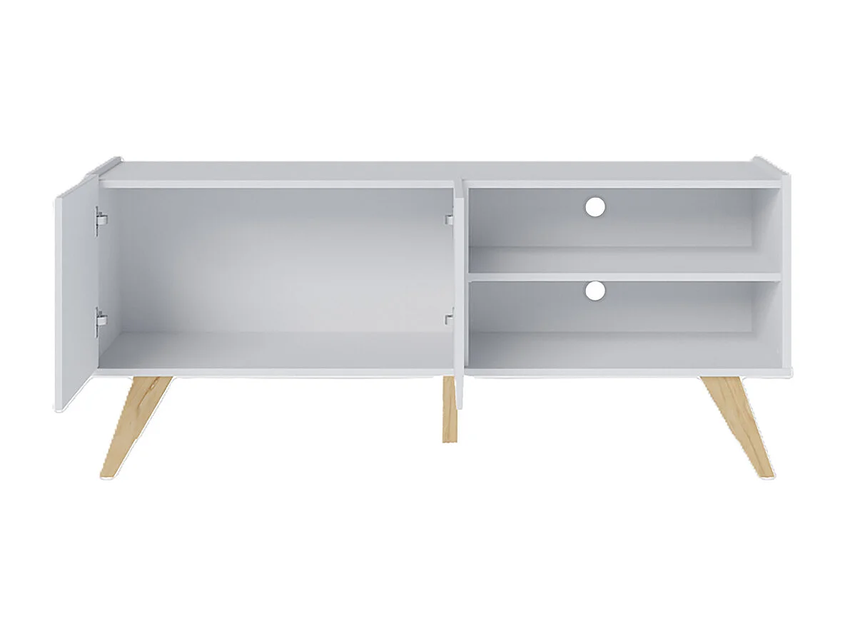 Meuble TV coloris blanc avec portes et étagères ouvertes pieds en chêne vieilli - Longueur 136 x Hauteur 59 x Profondeur 36 cm