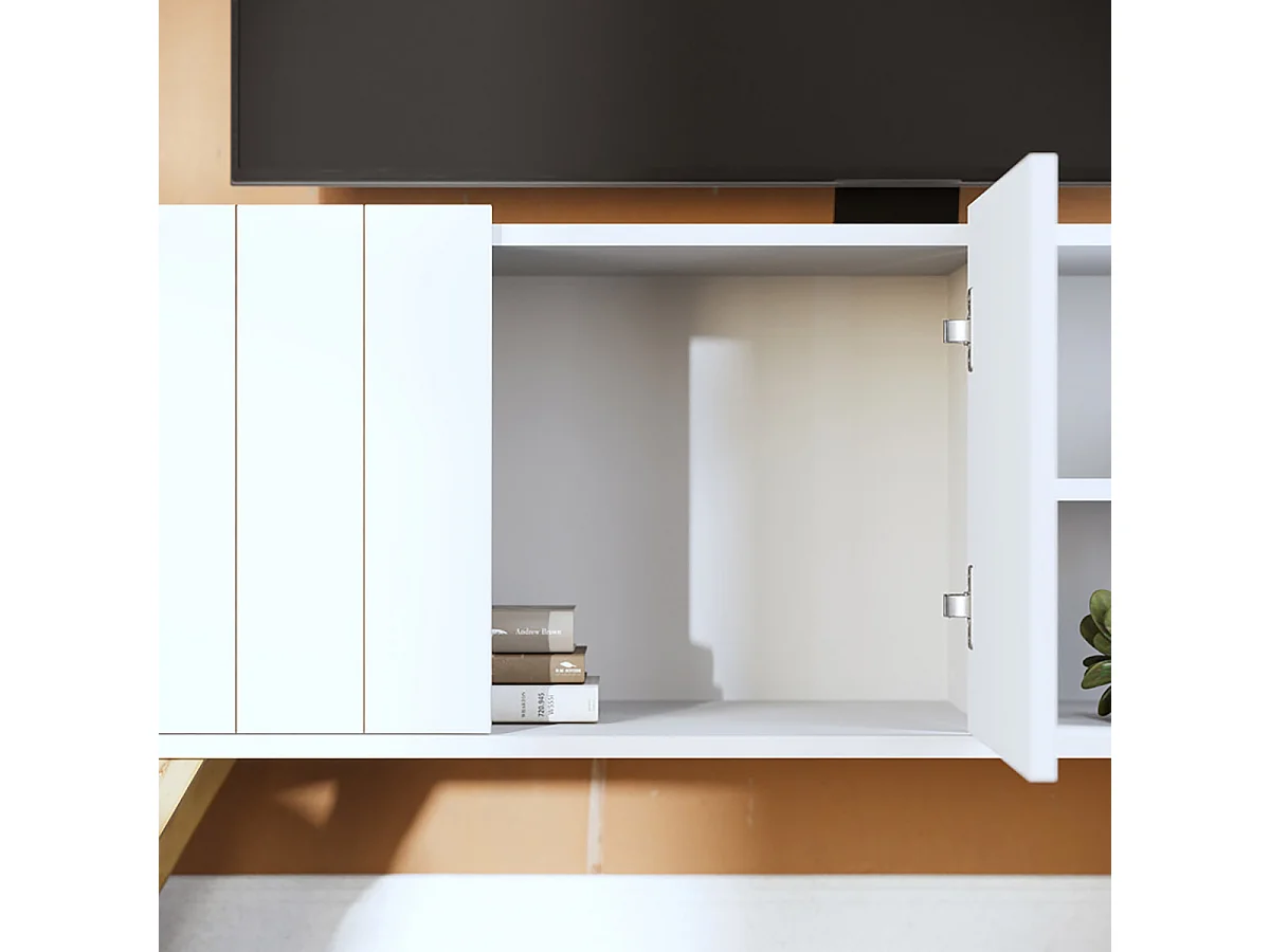 Meuble TV coloris blanc avec portes et étagères ouvertes pieds en chêne vieilli - Longueur 136 x Hauteur 59 x Profondeur 36 cm
