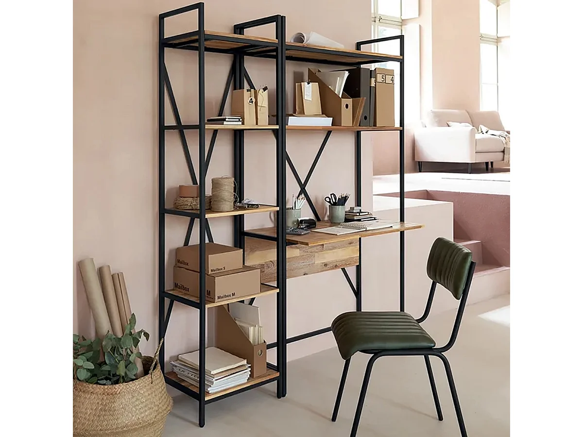 Bibliothèque Etagère 5 niveaux coloris bois et métal noir - Longueur 45 x Hauteur 180 x profondeur 35 cm