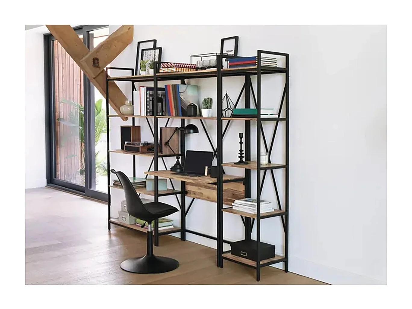 Bibliothèque Etagère 5 niveaux coloris bois et métal noir - Longueur 45 x Hauteur 180 x profondeur 35 cm
