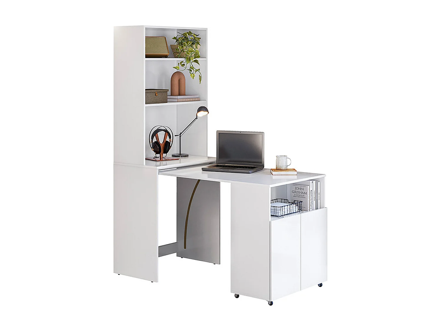 Bureau rétractable avec bibliothèque et espace de rangement  intégrée coloris Blanc - Longueur 175 x Hauteur 136 x Profondeur 69,5 cm