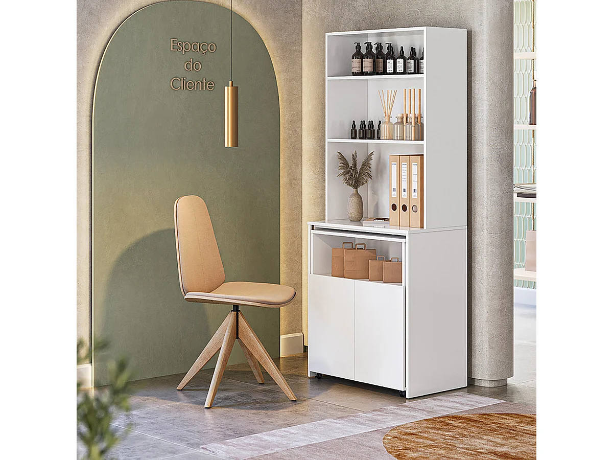 Bureau rétractable avec bibliothèque et espace de rangement  intégrée coloris Blanc - Longueur 175 x Hauteur 136 x Profondeur 69,5 cm