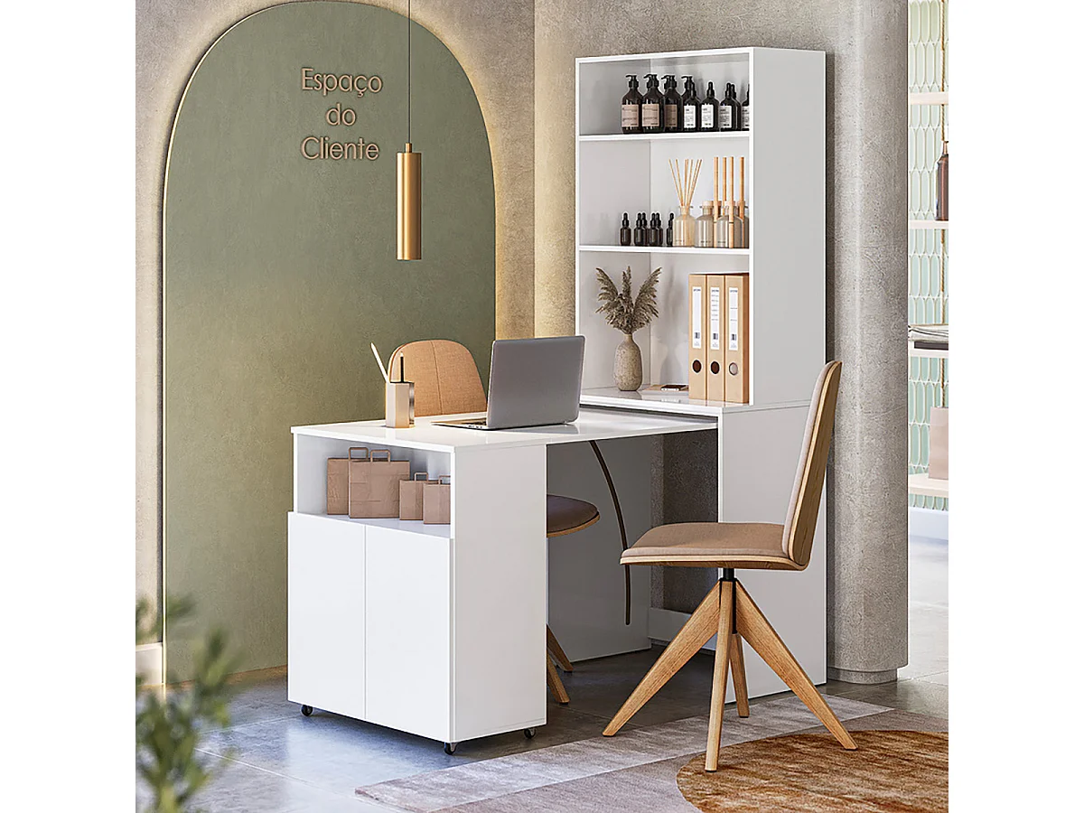 Bureau rétractable avec bibliothèque et espace de rangement  intégrée coloris Blanc - Longueur 175 x Hauteur 136 x Profondeur 69,5 cm