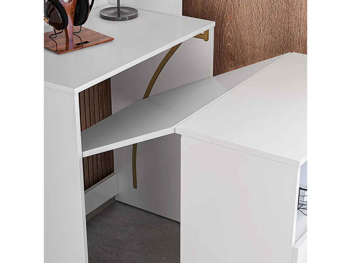 Bureau rétractable avec bibliothèque et espace de rangement  intégrée coloris Blanc - Longueur 175 x Hauteur 136 x Profondeur 69,5 cm