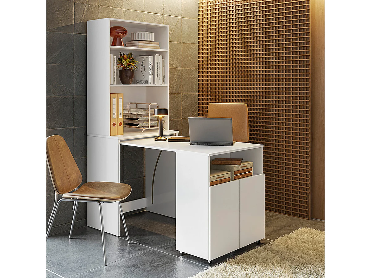 Bureau rétractable avec bibliothèque et espace de rangement  intégrée coloris Blanc - Longueur 175 x Hauteur 136 x Profondeur 69,5 cm