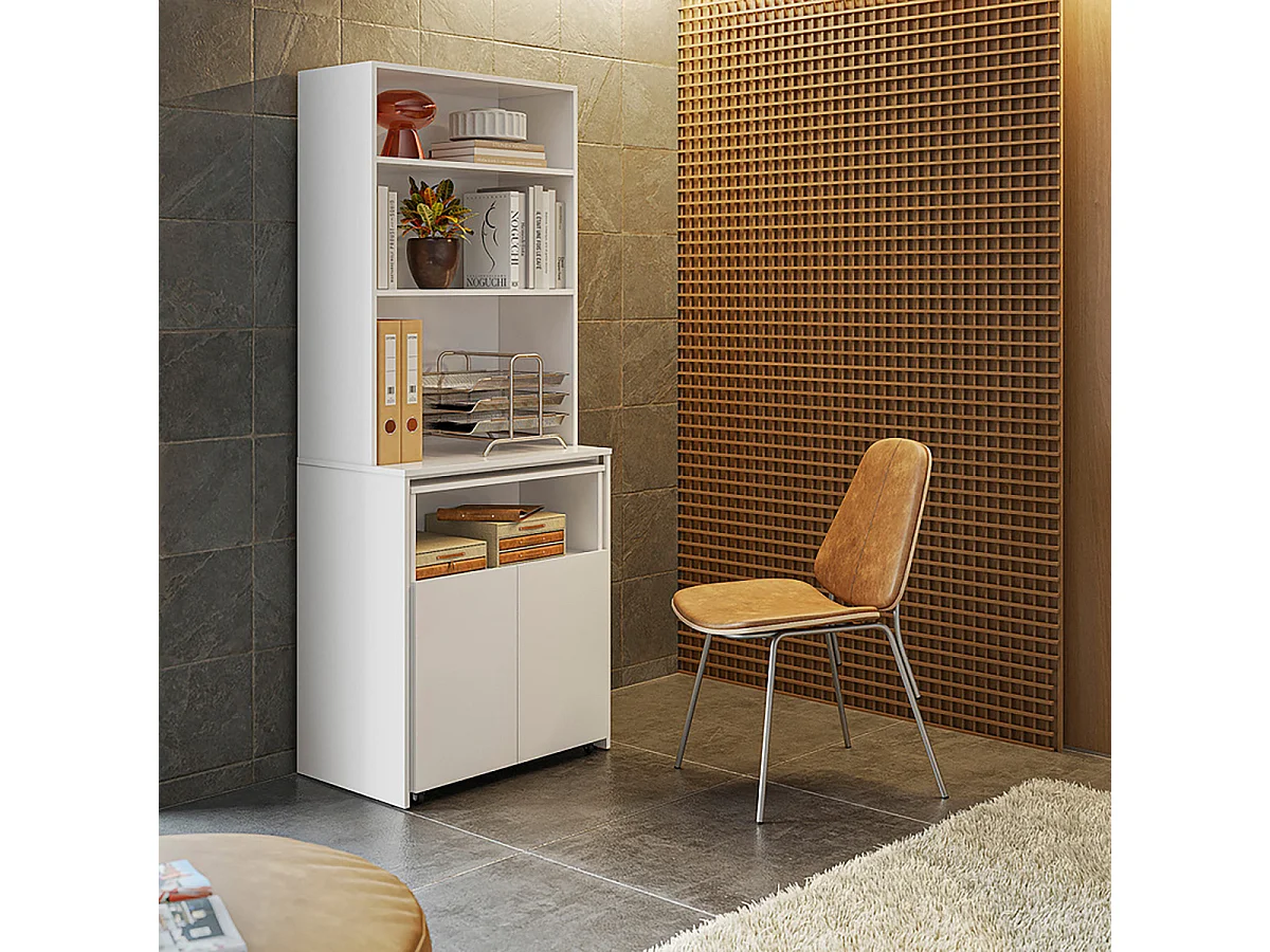 Bureau rétractable avec bibliothèque et espace de rangement  intégrée coloris Blanc - Longueur 175 x Hauteur 136 x Profondeur 69,5 cm
