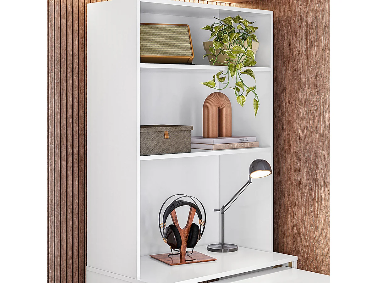 Bureau rétractable avec bibliothèque et espace de rangement  intégrée coloris Blanc - Longueur 175 x Hauteur 136 x Profondeur 69,5 cm