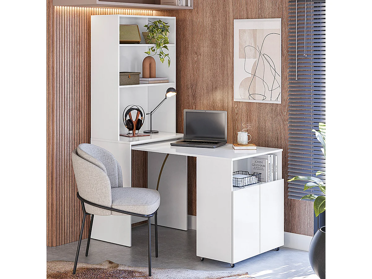 Bureau rétractable avec bibliothèque et espace de rangement  intégrée coloris Blanc - Longueur 175 x Hauteur 136 x Profondeur 69,5 cm