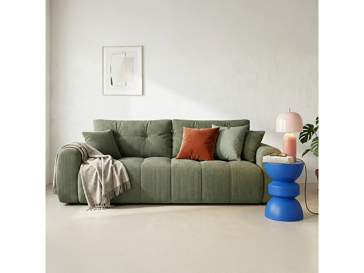 Canapé droit convertible 3 places avec coffre de rangement en velours côtelé vert kaki - Komo
