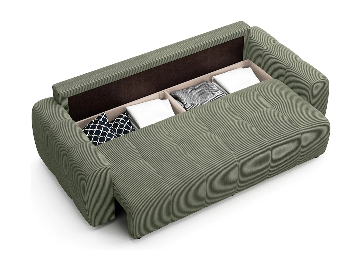 Canapé droit convertible 3 places avec coffre de rangement en velours côtelé vert kaki - Komo