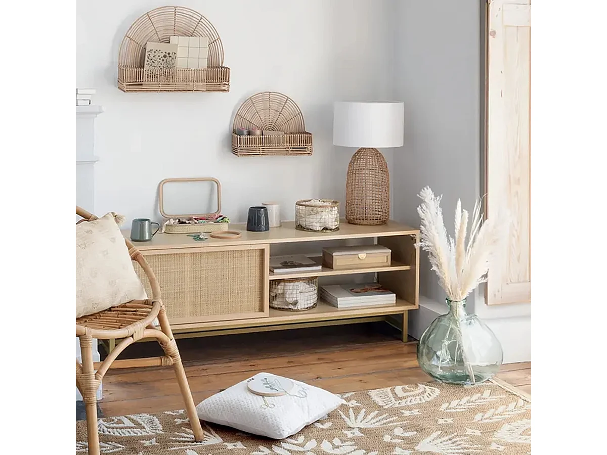 Meuble TV avec 1 porte cannage rotin - Longueur 140 x Profondeur 40 x Hauteur 50 cm