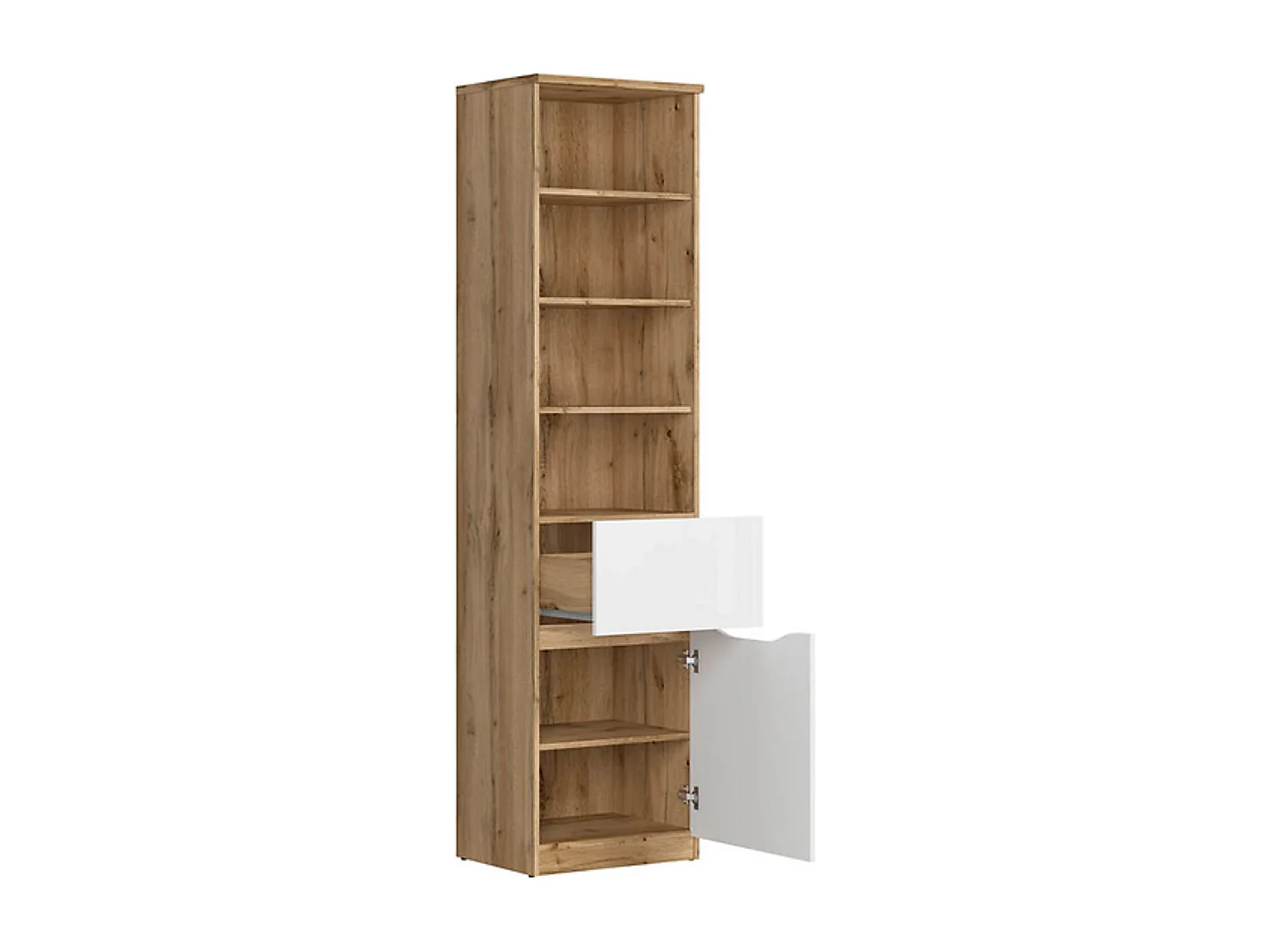 Bibliothèque avec 1 porte, 1 tiroir et 4 étagères,coloris Chêne wotan/Blanc brillant - Longueur 50 x Profondeur 40 x Hauteur 198 cm