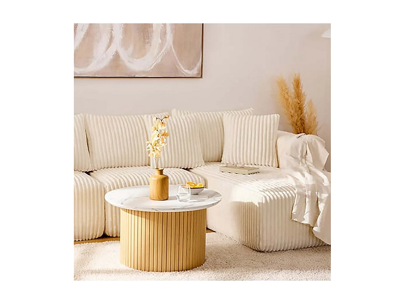 Table basse ronde avec plateau effet marbre blanc - Diamètre 70 x Hauteur 40 cm