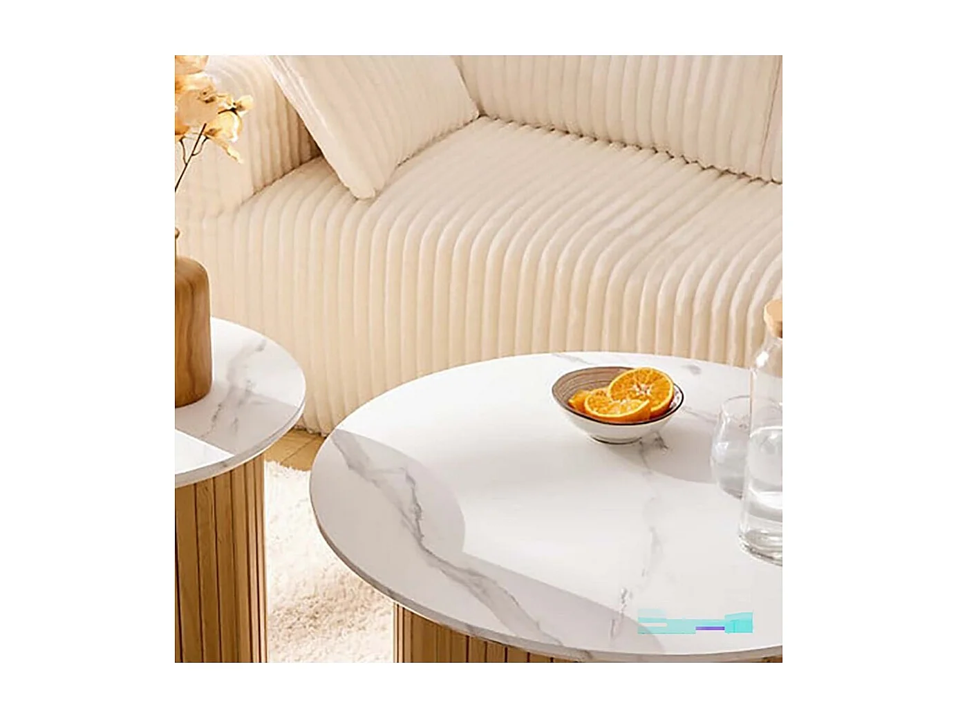 Table basse ronde avec plateau effet marbre blanc - Diamètre 70 x Hauteur 40 cm