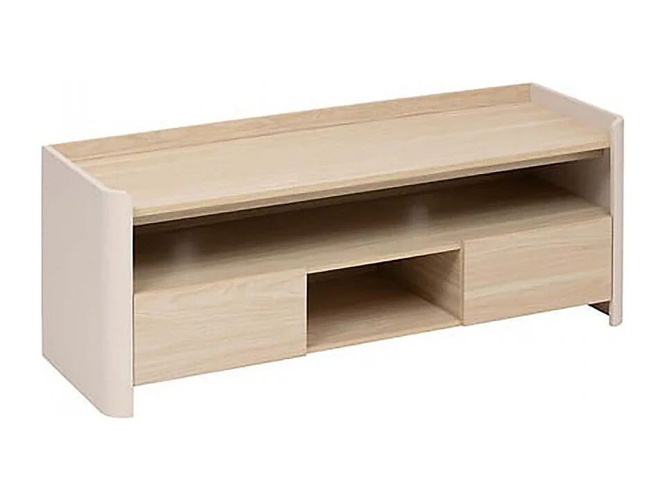 Meuble TV avec deux portes et des étagères internes, coloris blanc/chêne naturel - Longueur 120 x Profondeur 40 x Hauteur 45 cm