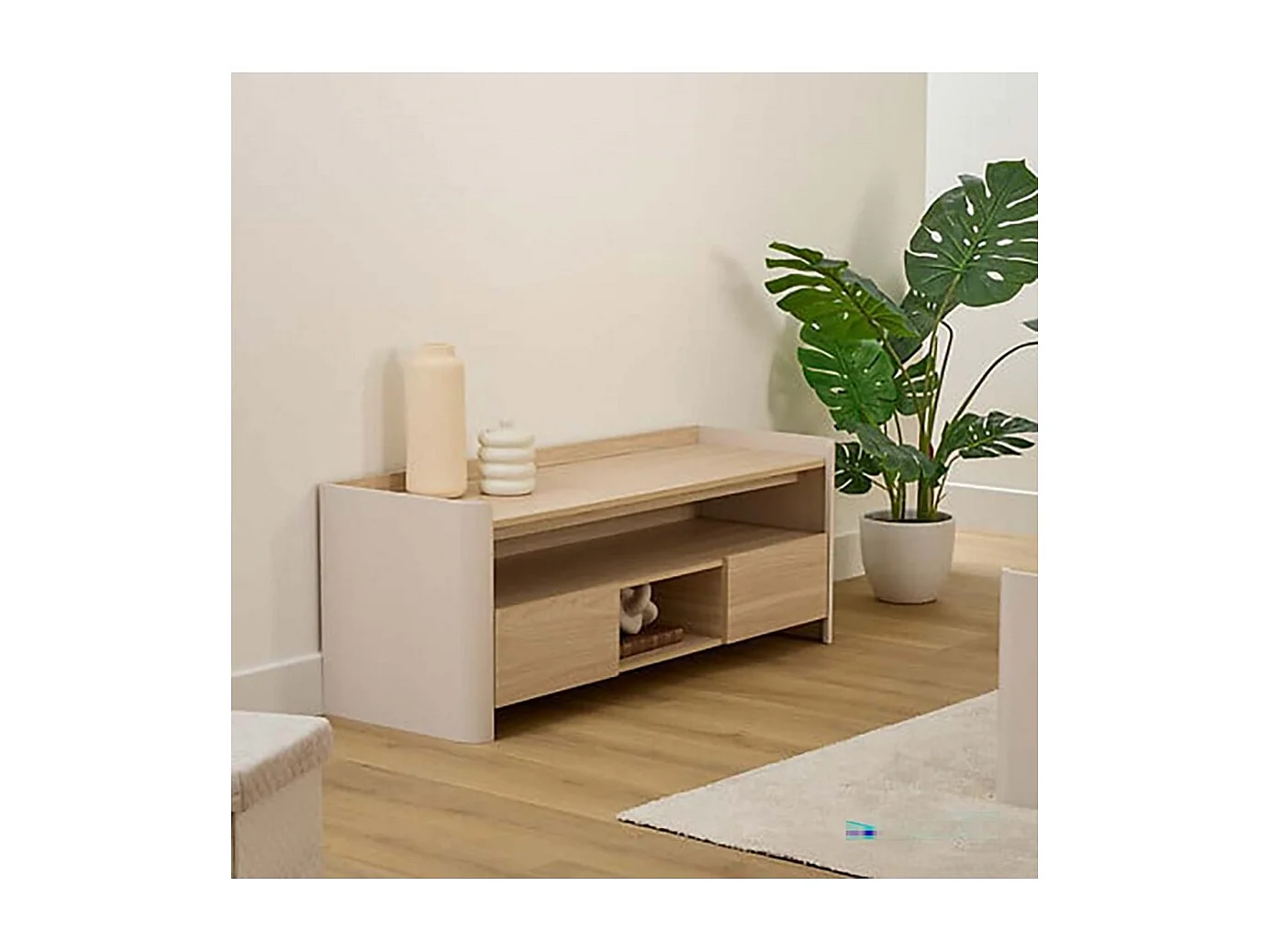 Meuble TV avec deux portes et des étagères internes, coloris blanc/chêne naturel - Longueur 120 x Profondeur 40 x Hauteur 45 cm