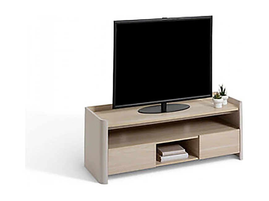 Meuble TV avec deux portes et des étagères internes, coloris blanc/chêne naturel - Longueur 120 x Profondeur 40 x Hauteur 45 cm