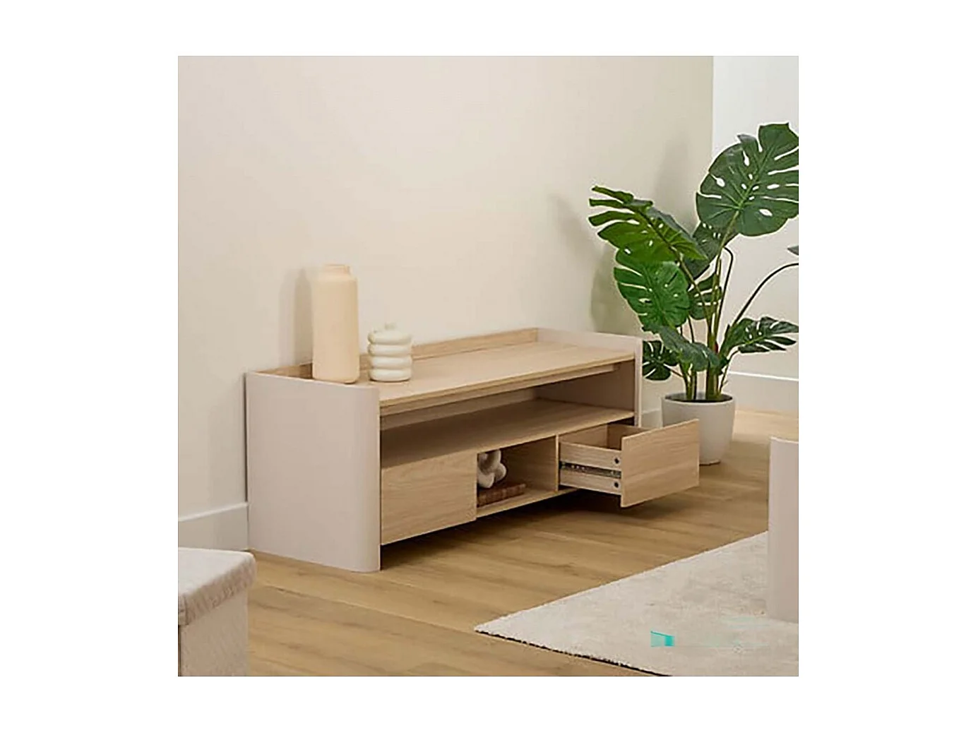 Meuble TV avec deux portes et des étagères internes, coloris blanc/chêne naturel - Longueur 120 x Profondeur 40 x Hauteur 45 cm