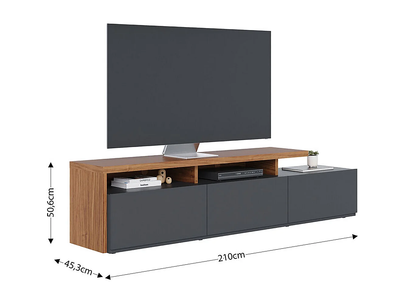 Meuble TV bas avec 3 tiroirs coloris bois et noir mat - Longueur 210 x Hauteur 51 x Profondeur 45 cm