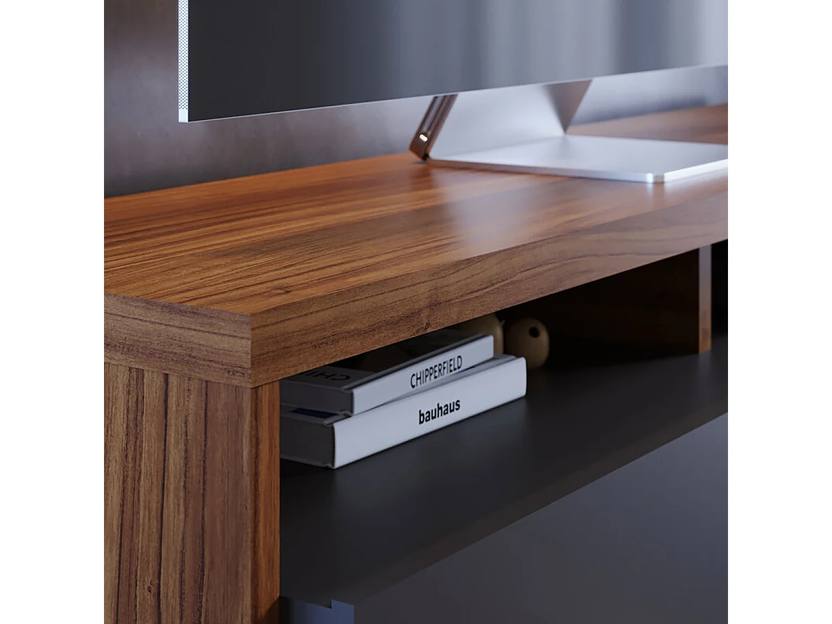 Meuble TV bas avec 3 tiroirs coloris bois et noir mat - Longueur 210 x Hauteur 51 x Profondeur 45 cm