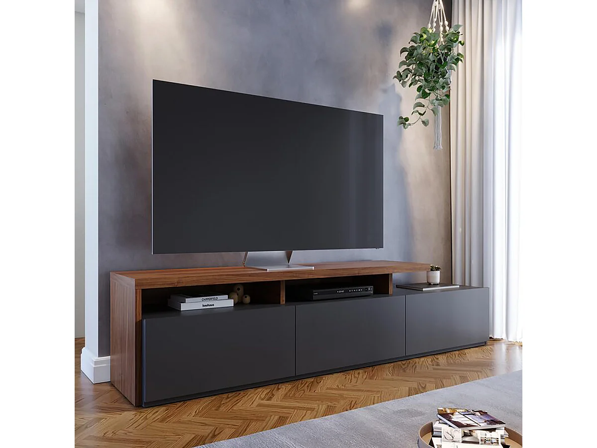 Meuble TV bas avec 3 tiroirs coloris bois et noir mat - Longueur 210 x Hauteur 51 x Profondeur 45 cm