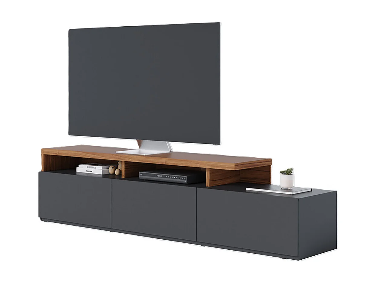 Meuble TV bas avec 3 tiroirs coloris bois et noir mat - Longueur 210 x Hauteur 51 x Profondeur 45 cm