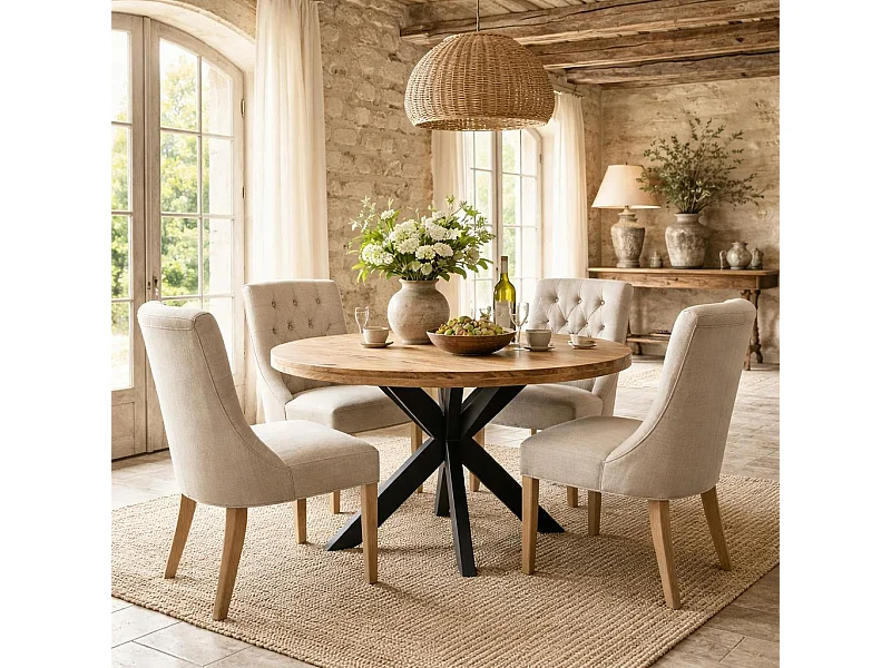 Table ronde bois clair pied croisé métal noir Ø120 cm RIVANO