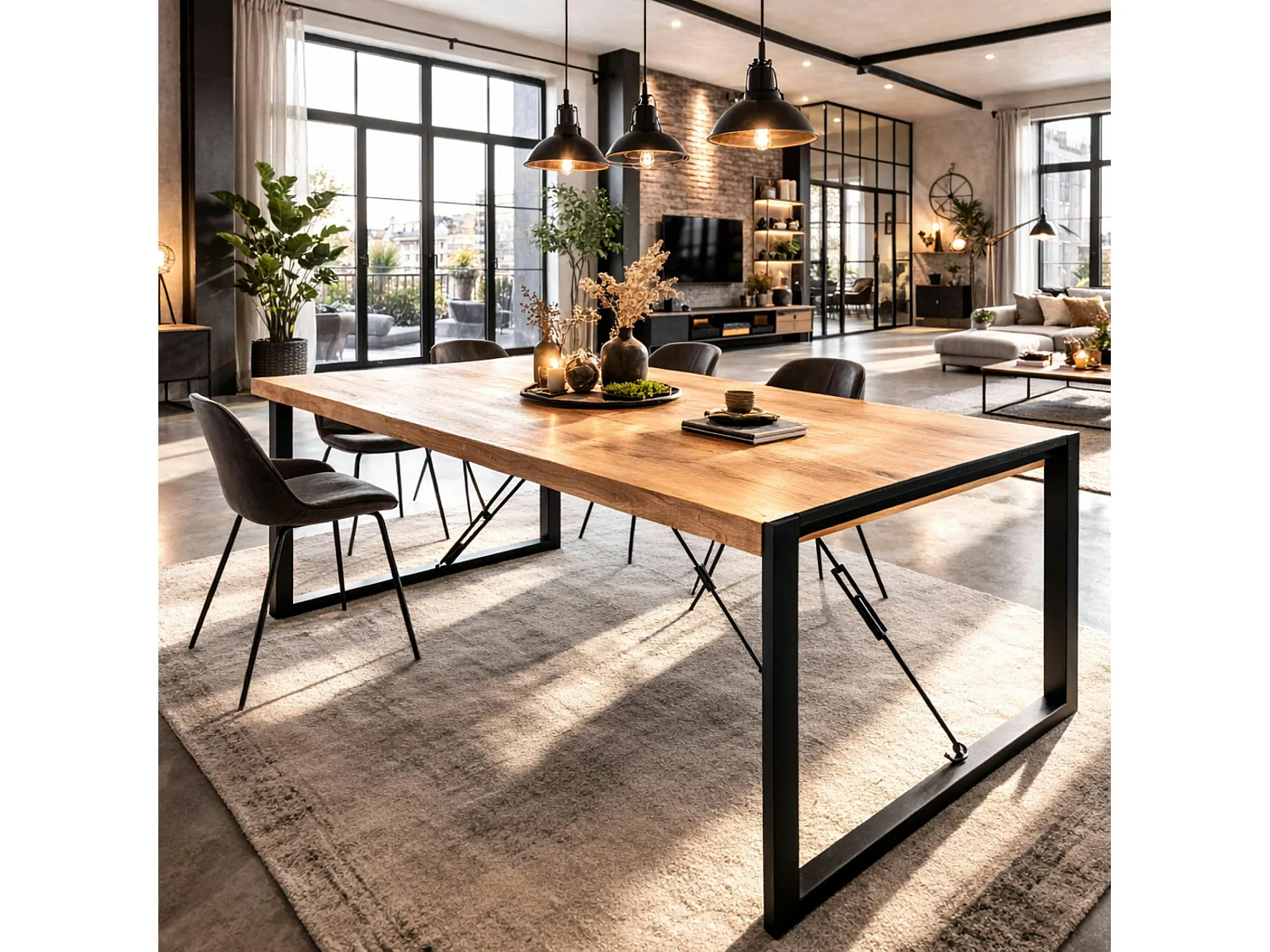 Table à manger bois clair à tendeurs noirs 180 cm MILORA