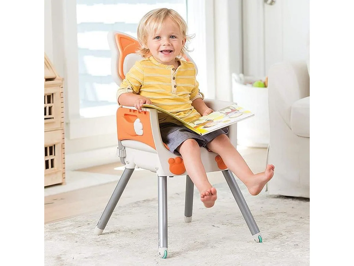 Cadeira alta evolutiva Infantino 4-em-1 design raposa, assento acolchoado, encosto reclinável, elevatório e cadeira infantil