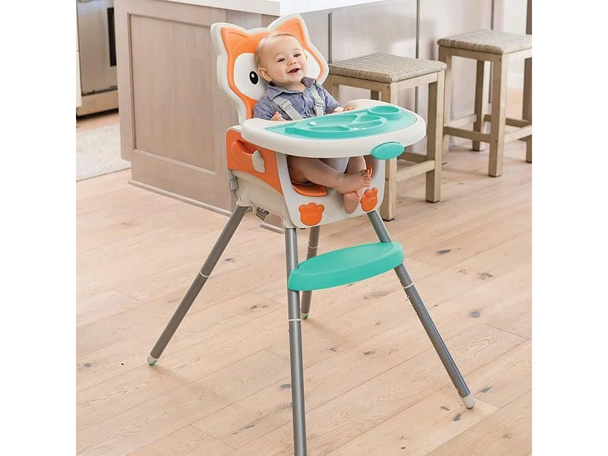 Cadeira alta evolutiva Infantino 4-em-1 design raposa, assento acolchoado, encosto reclinável, elevatório e cadeira infantil