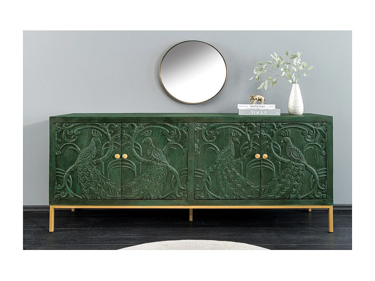 Buffet 175 cm 4 portes bois massif vert et doré – Collection TANJORE