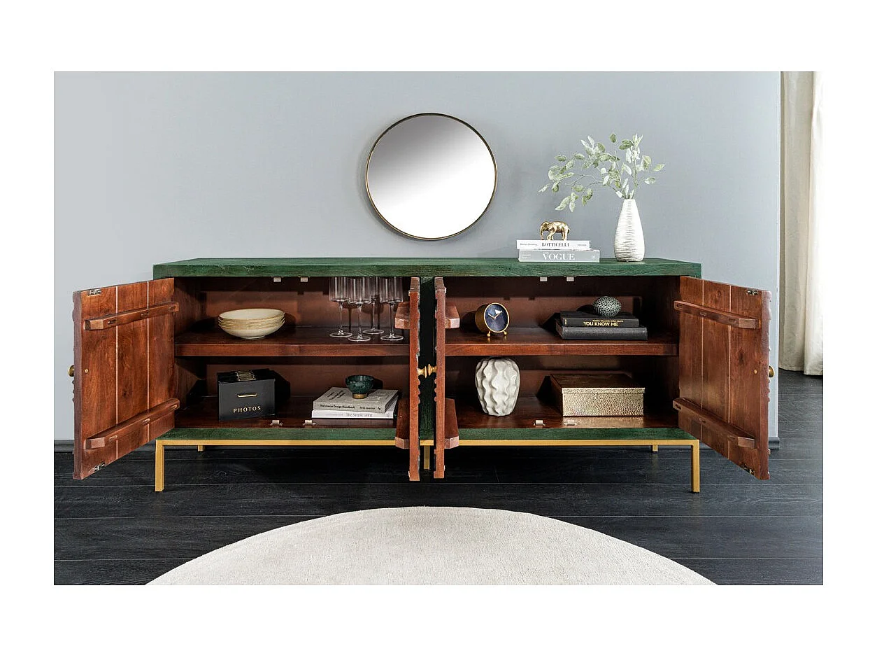 Buffet 175 cm 4 portes bois massif vert et doré – Collection TANJORE