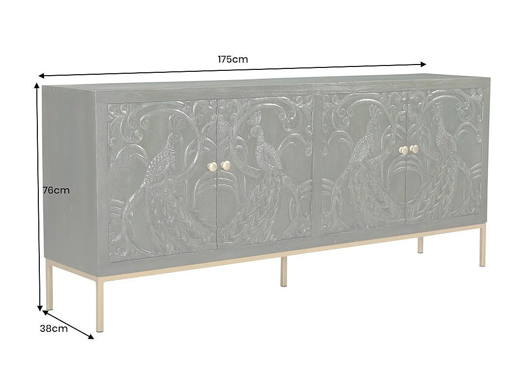 Buffet 175 cm 4 portes bois massif vert et doré – Collection TANJORE