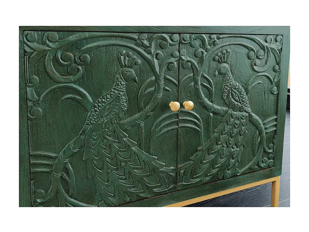 Buffet 175 cm 4 portes bois massif vert et doré – Collection TANJORE