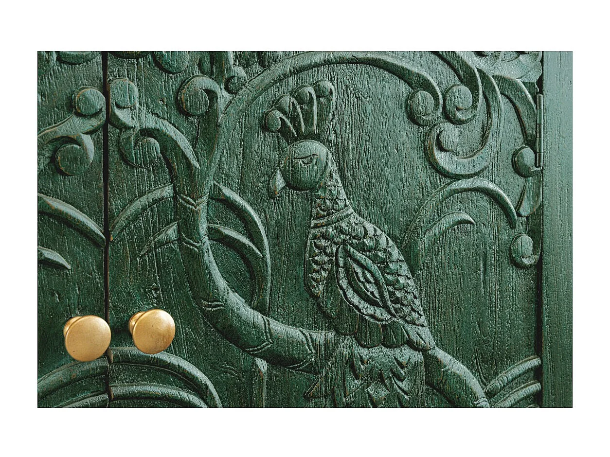 Buffet 175 cm 4 portes bois massif vert et doré – Collection TANJORE