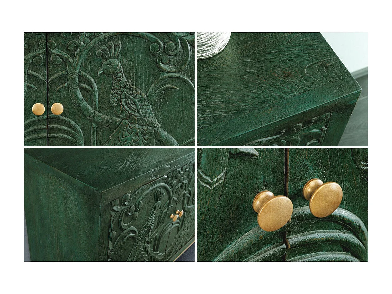 Buffet 175 cm 4 portes bois massif vert et doré – Collection TANJORE