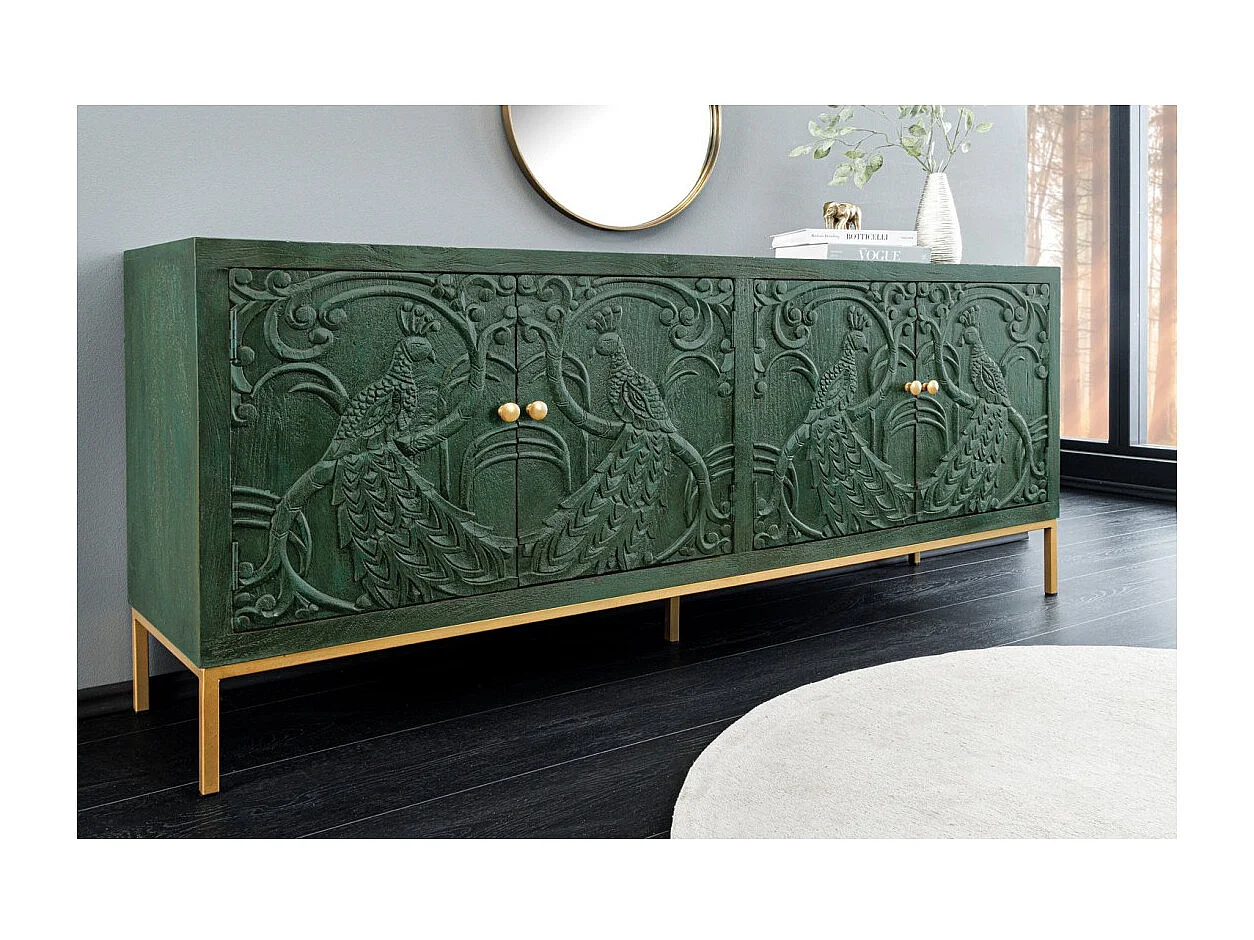 Buffet 175 cm 4 portes bois massif vert et doré – Collection TANJORE