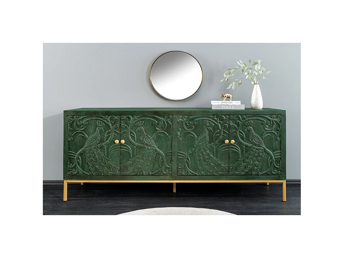 Buffet 175 cm 4 portes bois massif vert et doré – Collection TANJORE